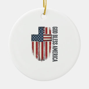 Gud välsigne Amerika Vintage Patriotisk Kors Desig Julgransprydnad Keramik