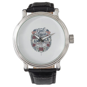 Gud välsigne Amerika Vintage Patriotiska Blommor Armbandsur