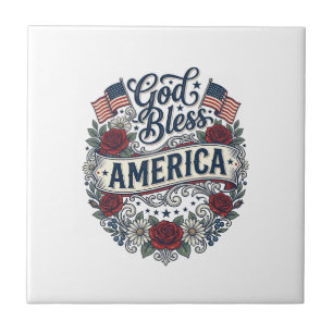 Gud välsigne Amerika Vintage Patriotiska Blommor Kakelplatta