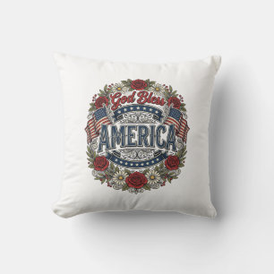 Gud välsigne Amerika Vintage Patriotiska Blommor Kudde