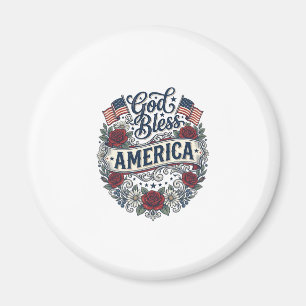 Gud välsigne Amerika Vintage Patriotiska Blommor Magnet