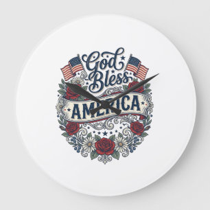 Gud välsigne Amerika Vintage Patriotiska Blommor Stor Klocka