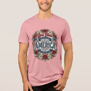 Gud välsigne Amerika Vintage Patriotiska Blommor T Shirt