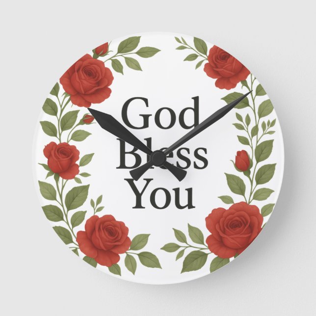Gud Välsigne Dig Religiös Ros Blommig Rund Klocka (Framsida)