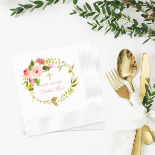 Gud välsigne rosa guldblommig krans dop pappersservett