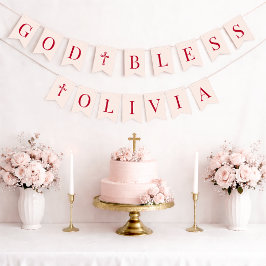 Gud välsigne Rosa & Röda 6 Bokstäver Dop & Kommuni Vimplar