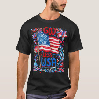Gud Välsigne USA Blommig Patriotisk 4:e Juli T Shirt