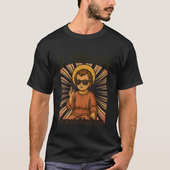 Gudabarnet ser dig, Roligt spanskt T Shirt (Framsida)