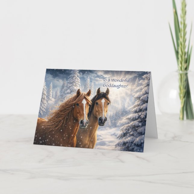 Guddotter jul med hästar i snön  helgkort (Framsida)