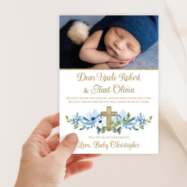 Gudförälder Pojke Blå Guld Kors Foto Inbjudningar (Boy blue and gold photo Godparent invitation. Simply add your photo and details.)