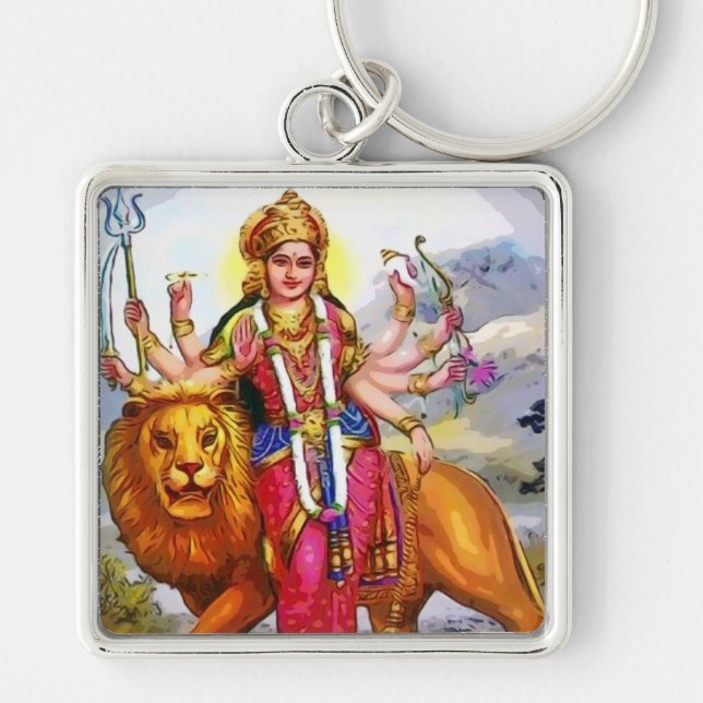 Gudinna Durga med lejon målning Fyrkantig Silverfärgad Nyckelring (Framsidan)