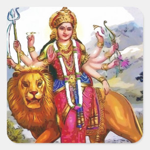 Gudinna Durga med lejon målning Fyrkantigt Klistermärke
