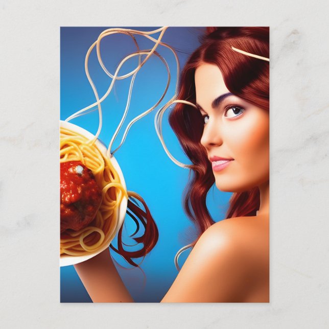 Gudinna med spaghetti- och köttbullar vykort (Framsida)