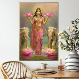 Gudinnan Lakshmi: Rosa Guld Blommor Elefanter Poster