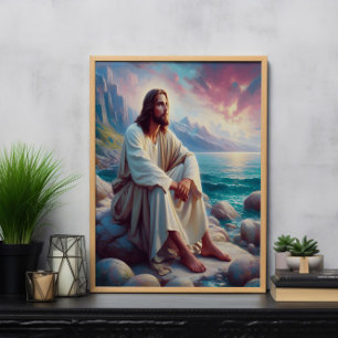 gudomlig gudstjänst Jesus vid Ocean Shore Poster