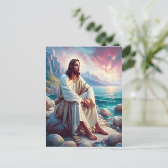 gudomlig gudstjänst Jesus vid Ocean Shore Vykort (Stående Fram)