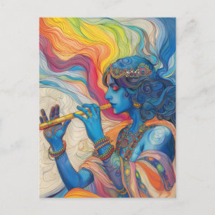Gudomlig herre Krishna spelar flöjt Surreal regnbå Vykort