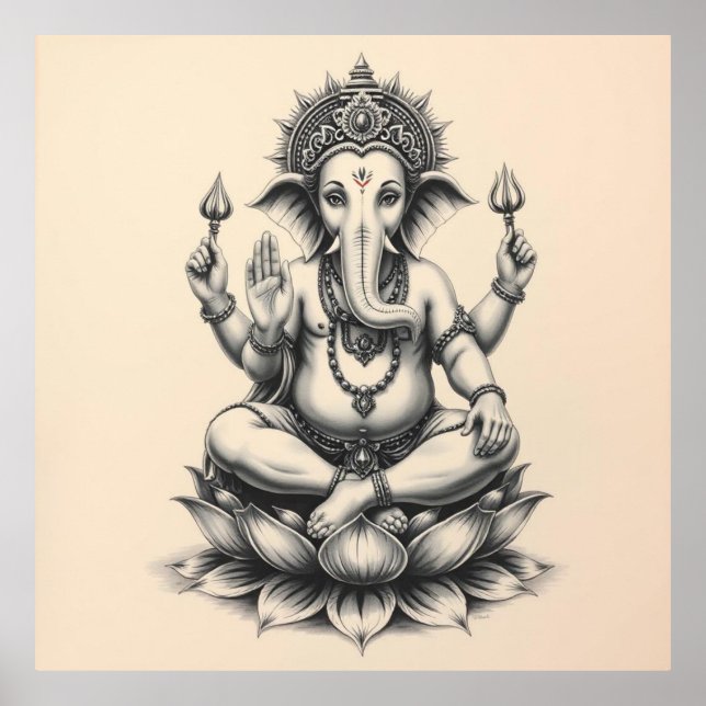 gudomlig närvaro: Ganesha Charcol Art Poster (Framsidan)