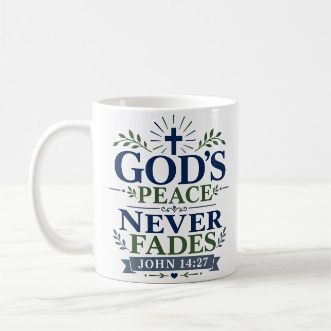 Guds Fred Försvinner Aldrig Morgonbönscitat Kaffemugg (Vänster)