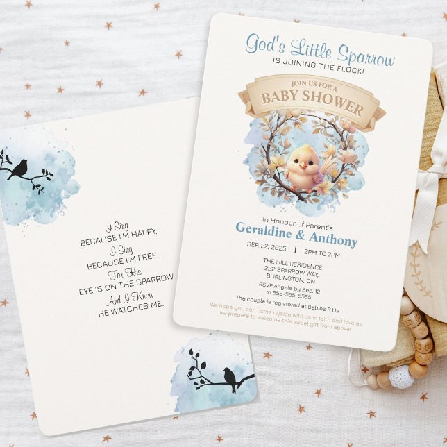 Guds lilla sparrow Baby Shower-inbjudan Inbjudningar (Adorable gender neutral sparrow design faith-filled invitation with watercolor blue accents.)