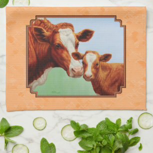 Guernsey Calf och Mor Cow Peach Kökshandduk