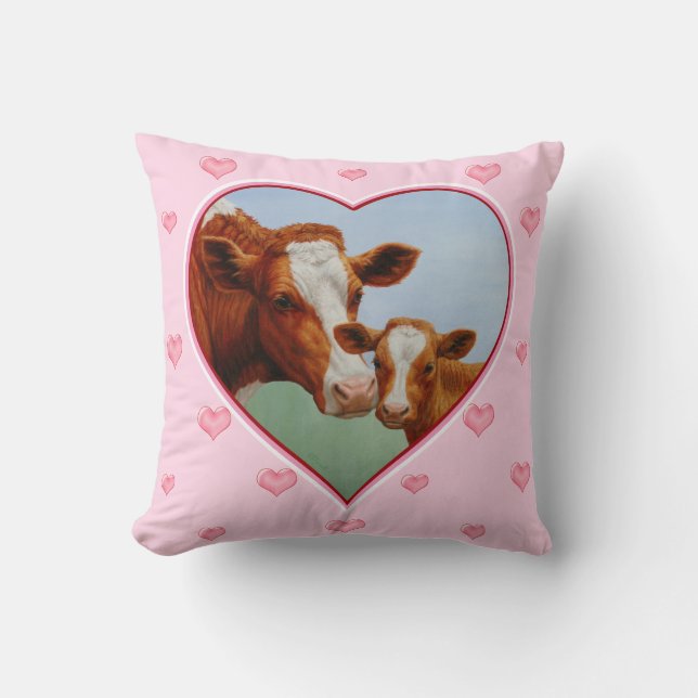 Guernsey Cow & Calf Ljusa rosa Hearts Kudde (Framsida)