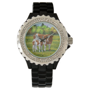 Guernsey Cow & Cute Calf på sommarbetesmark Armbandsur