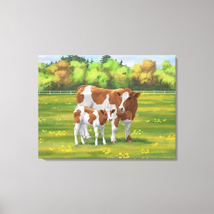 Guernsey Cow & Cute Calf på sommarbetesmark Canvastryck