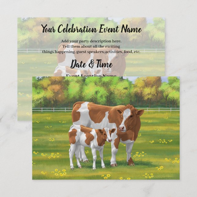 Guernsey Cow & Cute Calf på sommarbetesmark Inbjudningar (Fram/baksida)