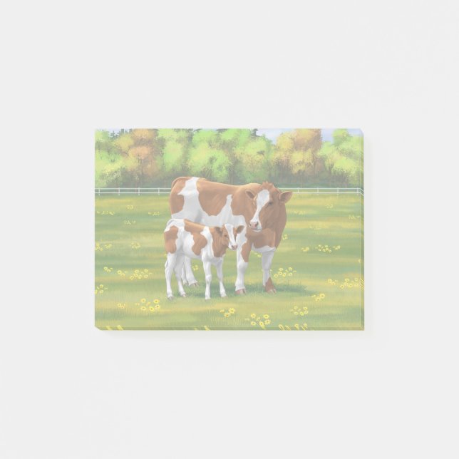 Guernsey Cow & Cute Calf på sommarbetesmark Post-it Block (Framsida)