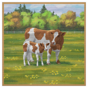 Guernsey Cow & Cute Calf på sommarbetesmark Tyg