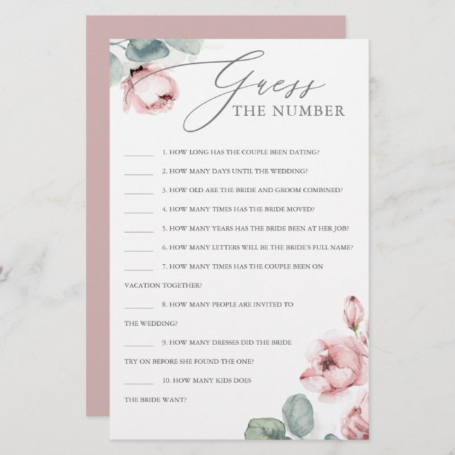 Guess The Number Dusty Rose Bridal Shower Game (Fram/baksida)