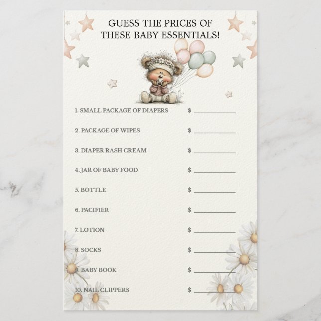 Guess the Price Whimsical Teddy Bear Baby Shower  Brevpapper (Framsida)