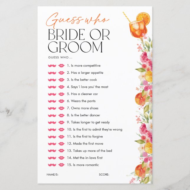 Guess who Bride or Groom Spritz Bridal Shower Game (Framsida)