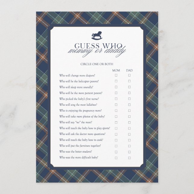 Guess Who Mommy or Daddy Baby Shower Game  Rådkort (Framsida)