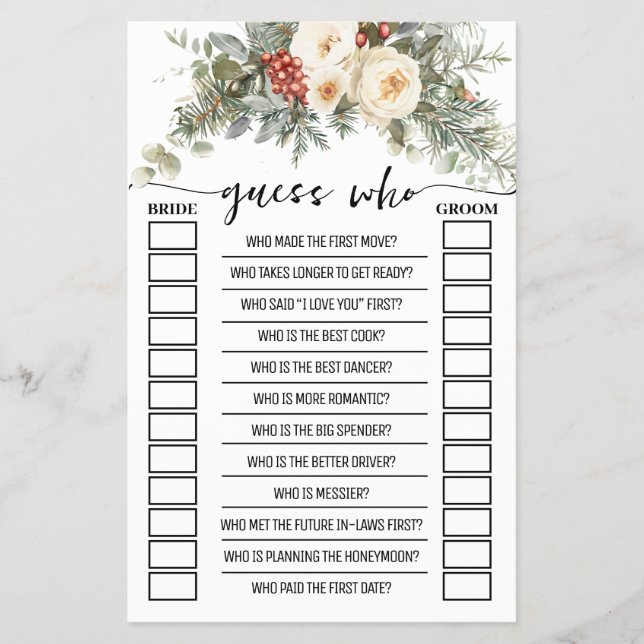 Guess Who Winter Floral Bridal Shower Game Card Flygblad (Framsidan)