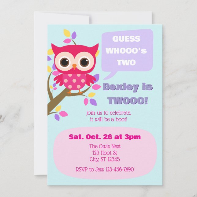 Guess Who's Two, Pink Owl 2nd Birthday Inbjudningar (Framsida)