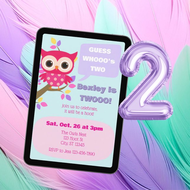 Guess Who's Two, Pink Owl 2nd Birthday Inbjudningar (Skapare uppladdad)