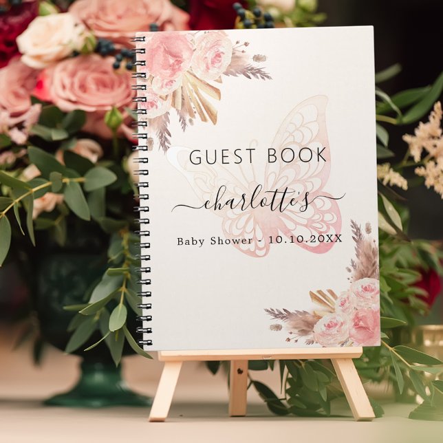 Guest bok Baby Shower rosa beige butterfly boho Anteckningsbok (Skapare uppladdad)