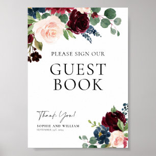 Guest Bok Bröllop Sign Boho Blommigt Burgundy Poster