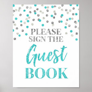 Guest Bok Bröllop undertecknar Silver Blue Confett Poster