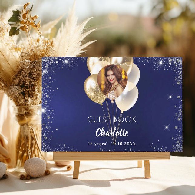 Guest bok födelsedag - marinblått foto guld-ballon (Skapare uppladdad)