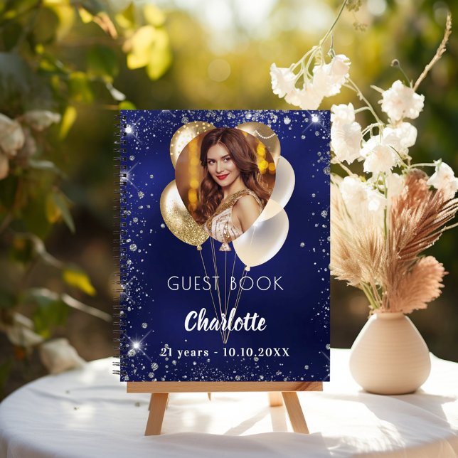 Guest bok födelsedag - marinblått foto guld-ballon anteckningsbok (Skapare uppladdad)
