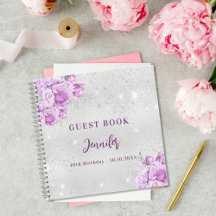Guest bok födelsedag silver rosa violetta blommor