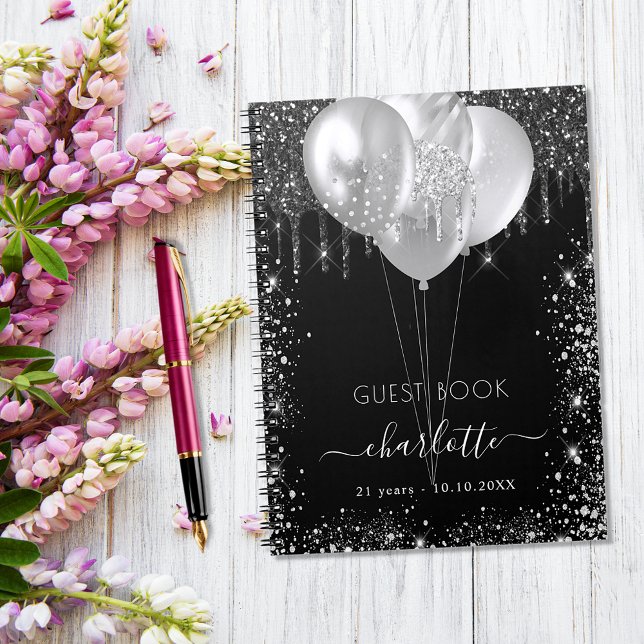 Guest bok födelsedag svart silver glitter namn anteckningsbok (Skapare uppladdad)
