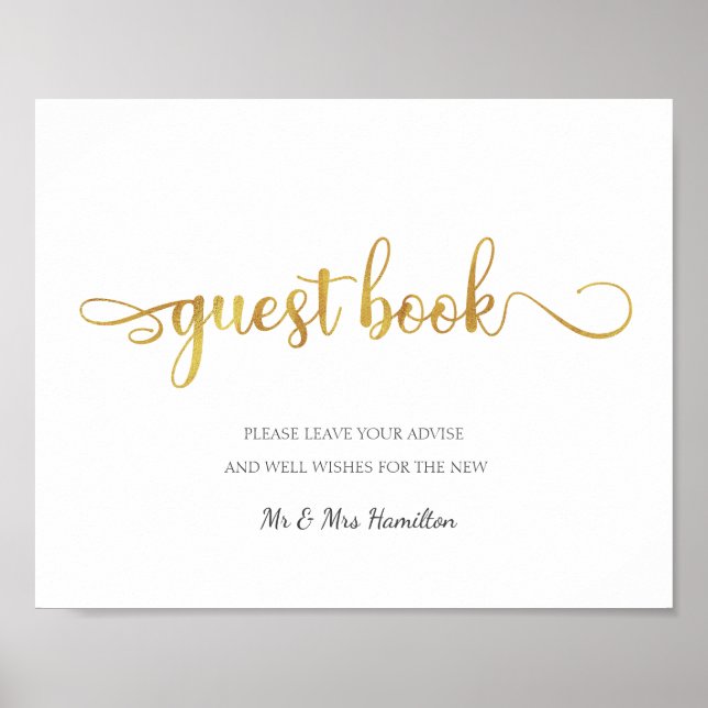 "Guest Bok" guld faux foil simple Bröllop Sign Poster (Framsidan)