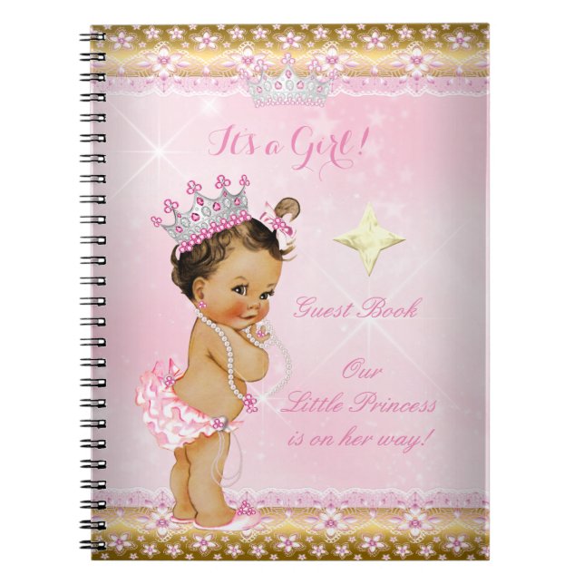 Guest Bok Princess Baby Shower Rosa Brunette Anteckningsbok Med Spiral (Framsidan)