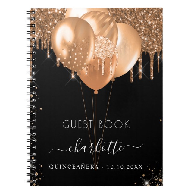 Guest bok Quinceanera Black guld glitter ballonger Anteckningsbok (Framsidan)