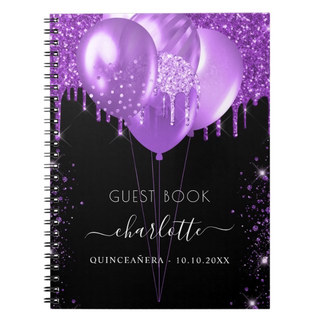 Guest bok Quinceanera Black lila glitter namn Anteckningsbok (Framsidan)