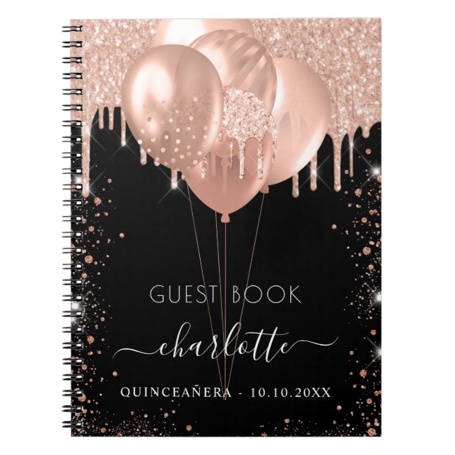 Guest bok Quinceanera Black ro guld ballonger Anteckningsbok (Framsidan)